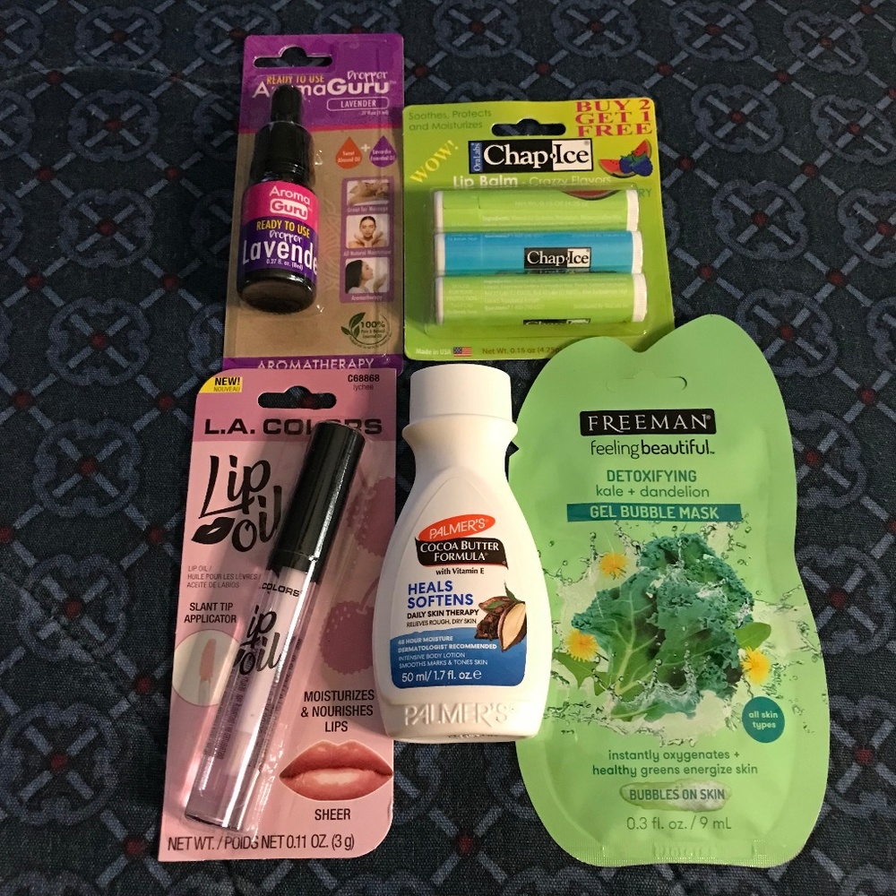 Chap-Ice, LA Colors Lip Oil,Palmer’s Lotion, Freeman Face Mask, Aromatherapy Set